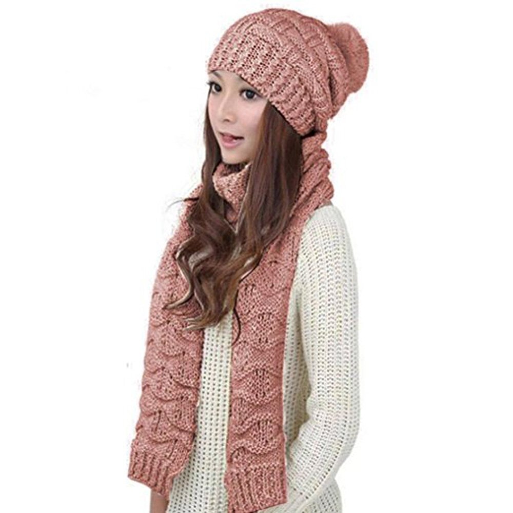8645 Girls Fashion Winter Warm Knitted Hat Beanie Hat Scarf Set Shrimp Pink